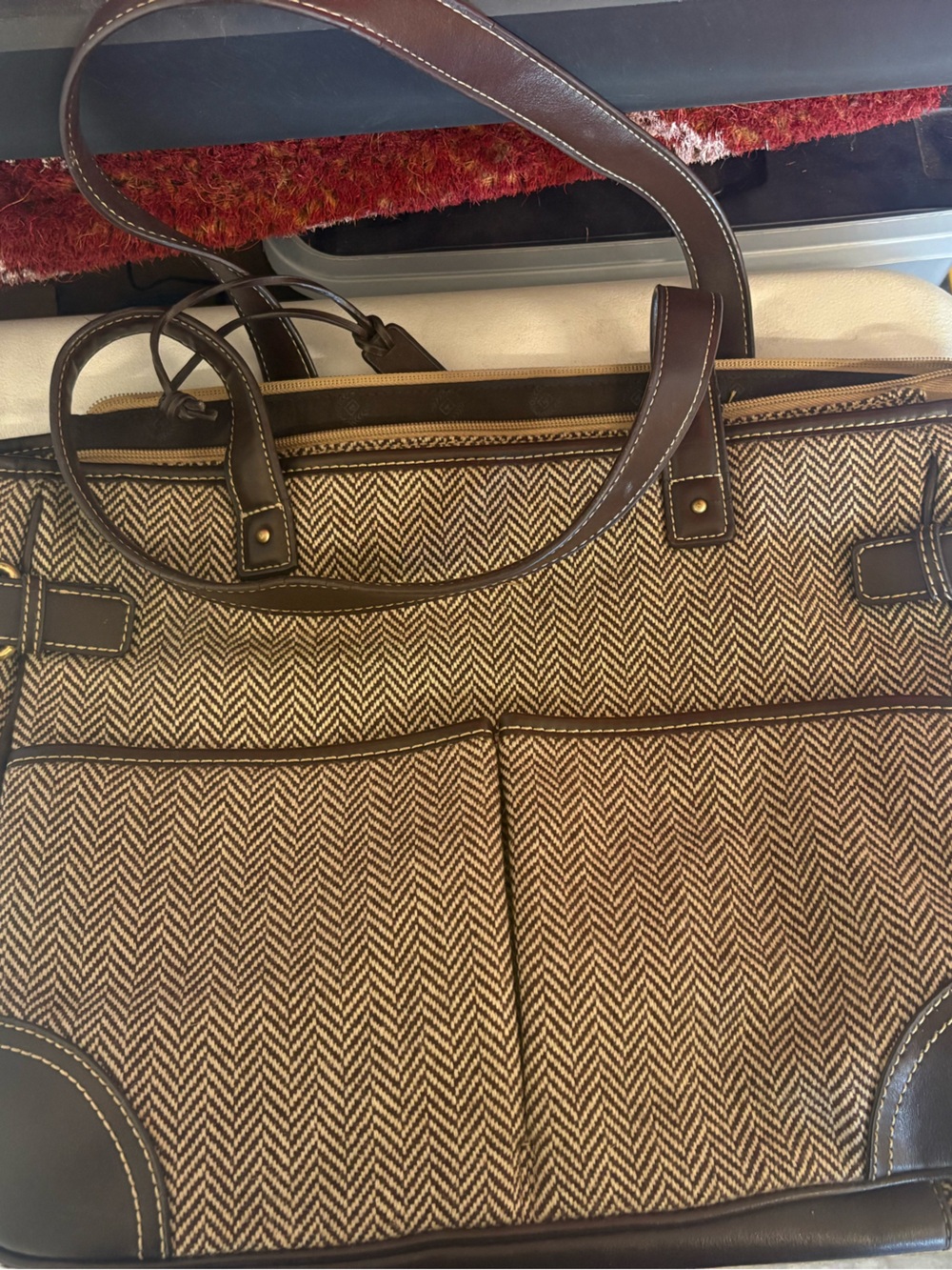 Chaps Brown and Cream Herringbone Tote with Dark Brown Trim